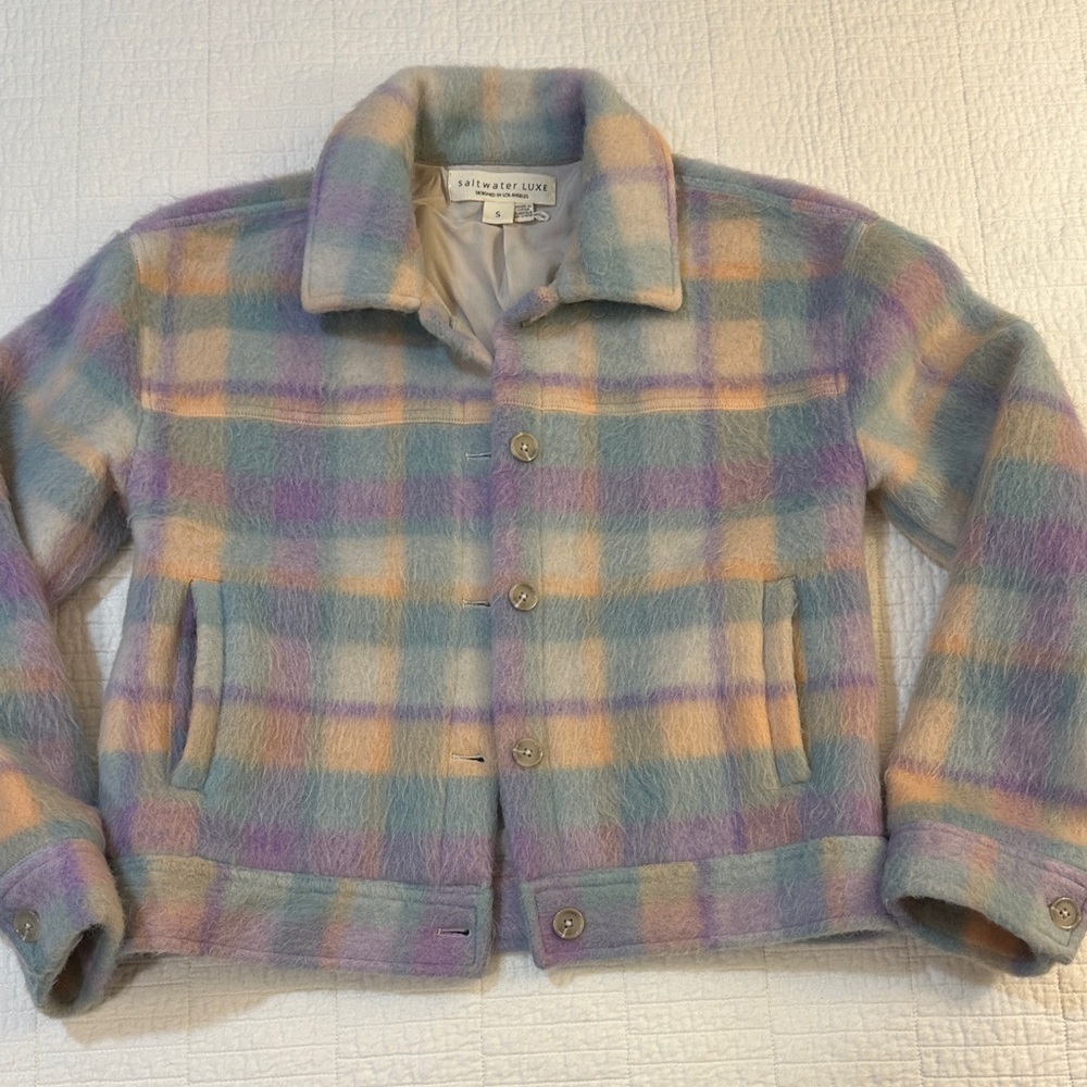Saltwater LUXE Wool NWOT small teddy Multicolor Plaid Teddy Jacket RET $196 - Picture 2 of 10